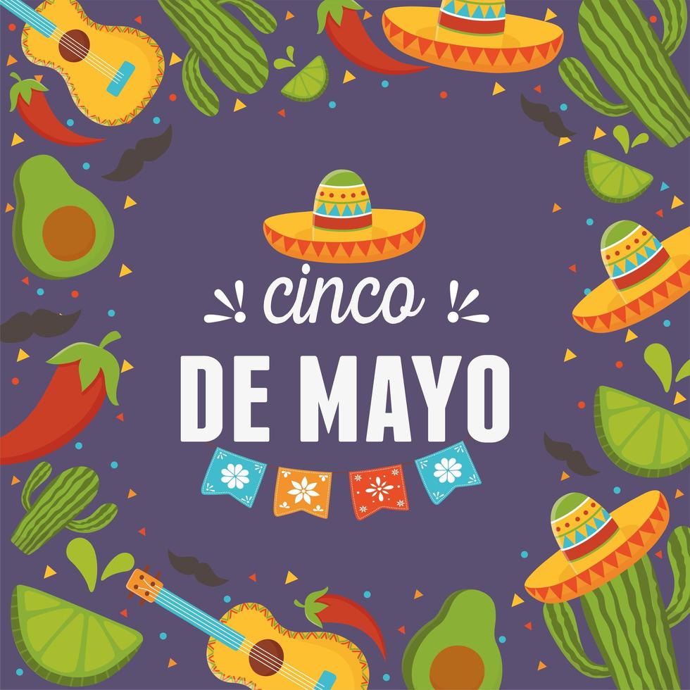 sombrero aguacate guitarra cactus cinco de mayo celebración mexicana vector