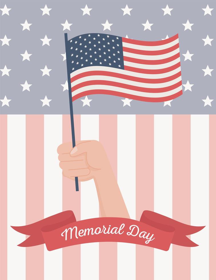 happy memorial day, hand waving flag symbol american celebration vector