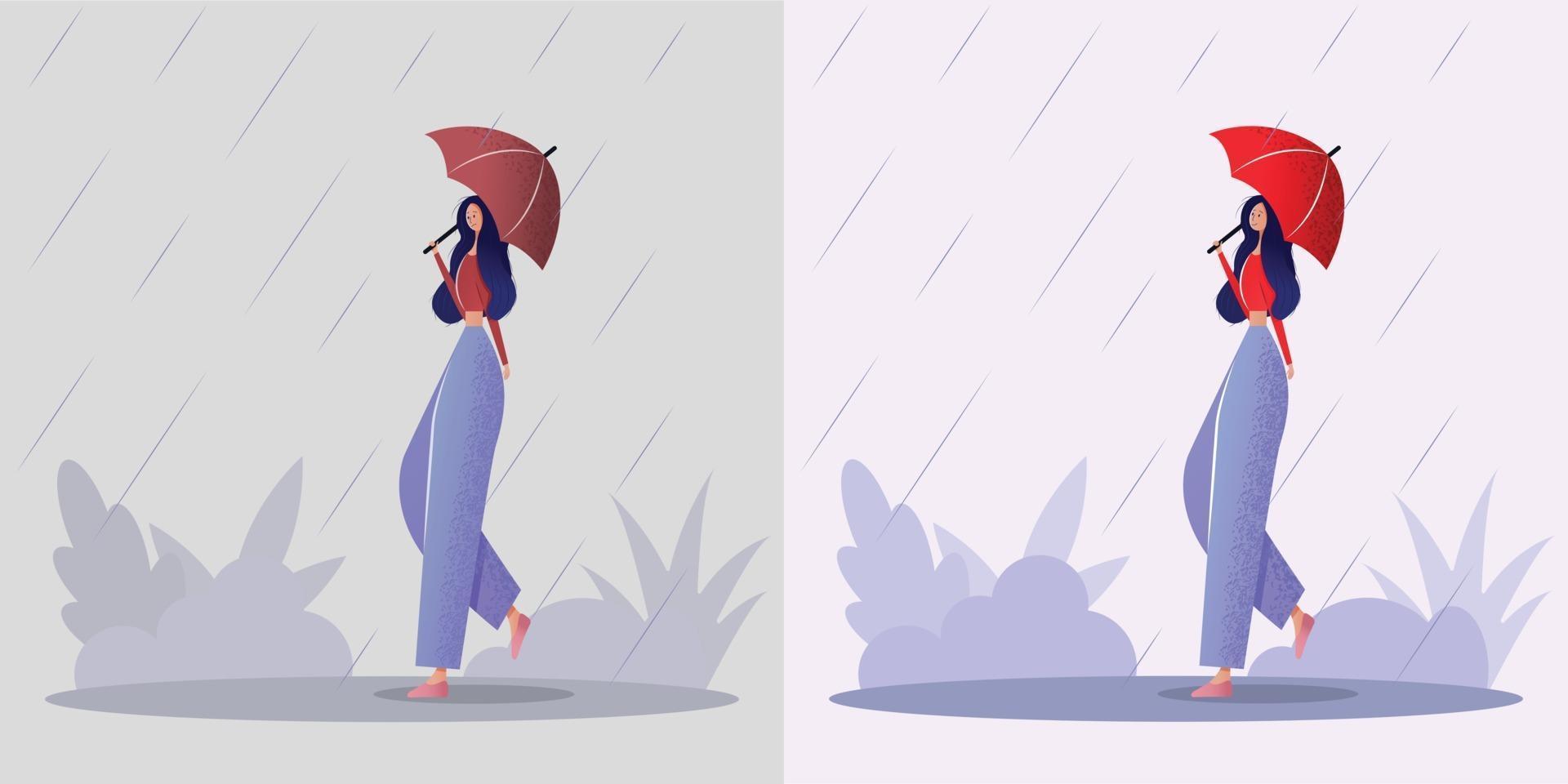 Smiling young woman walking with umbrella in rain Concept of a good mood negative mood in all situations Colorful vector illustration