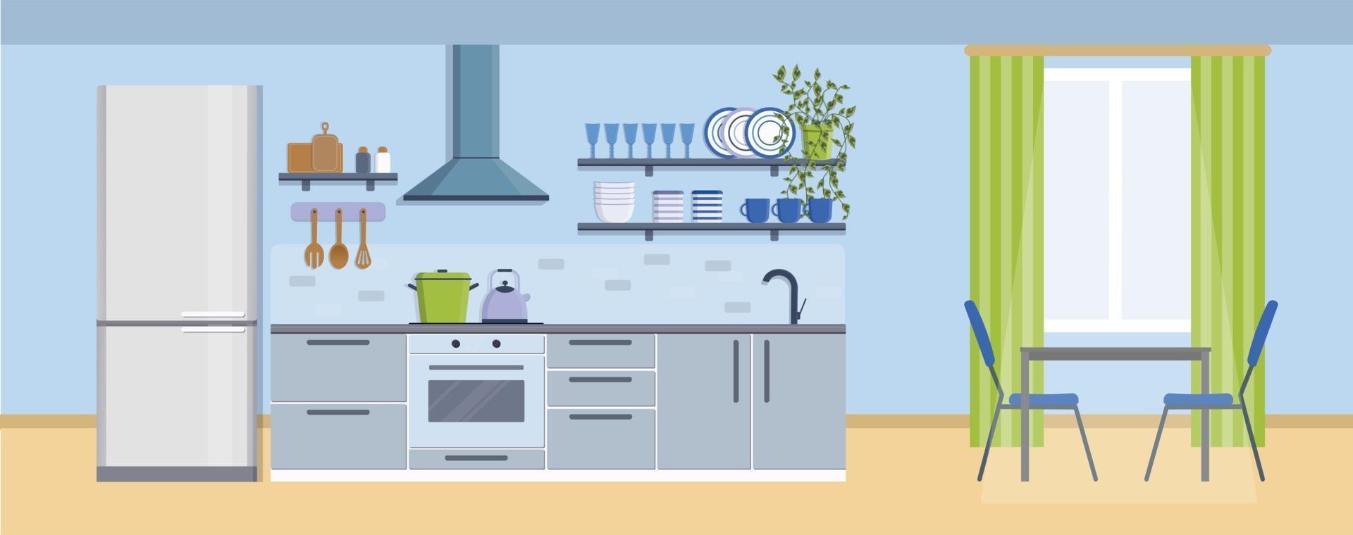 acogedor interior de cocina con mesa, ventana, estufa, armario, vajilla y nevera. concepto de banner de diseño de muebles. comedor en la casa, menaje de cocina. diapositiva de ilustración para el sitio de muebles vector