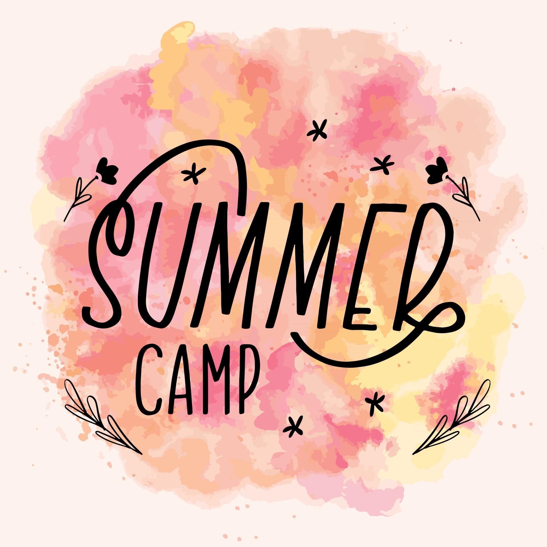 Summer camp lettering calligraphy card. Vector greeting illustration