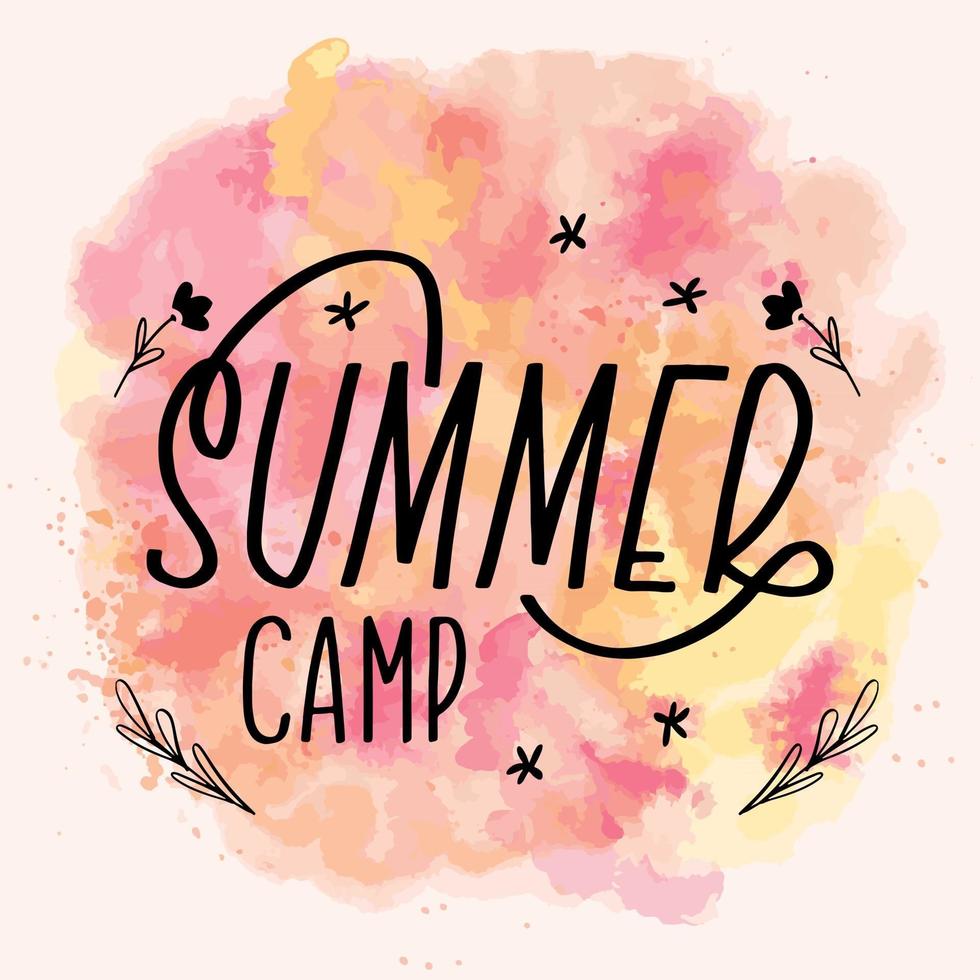 Summer camp lettering calligraphy card. Vector greeting illustration. Black text with elements on watercolor background
