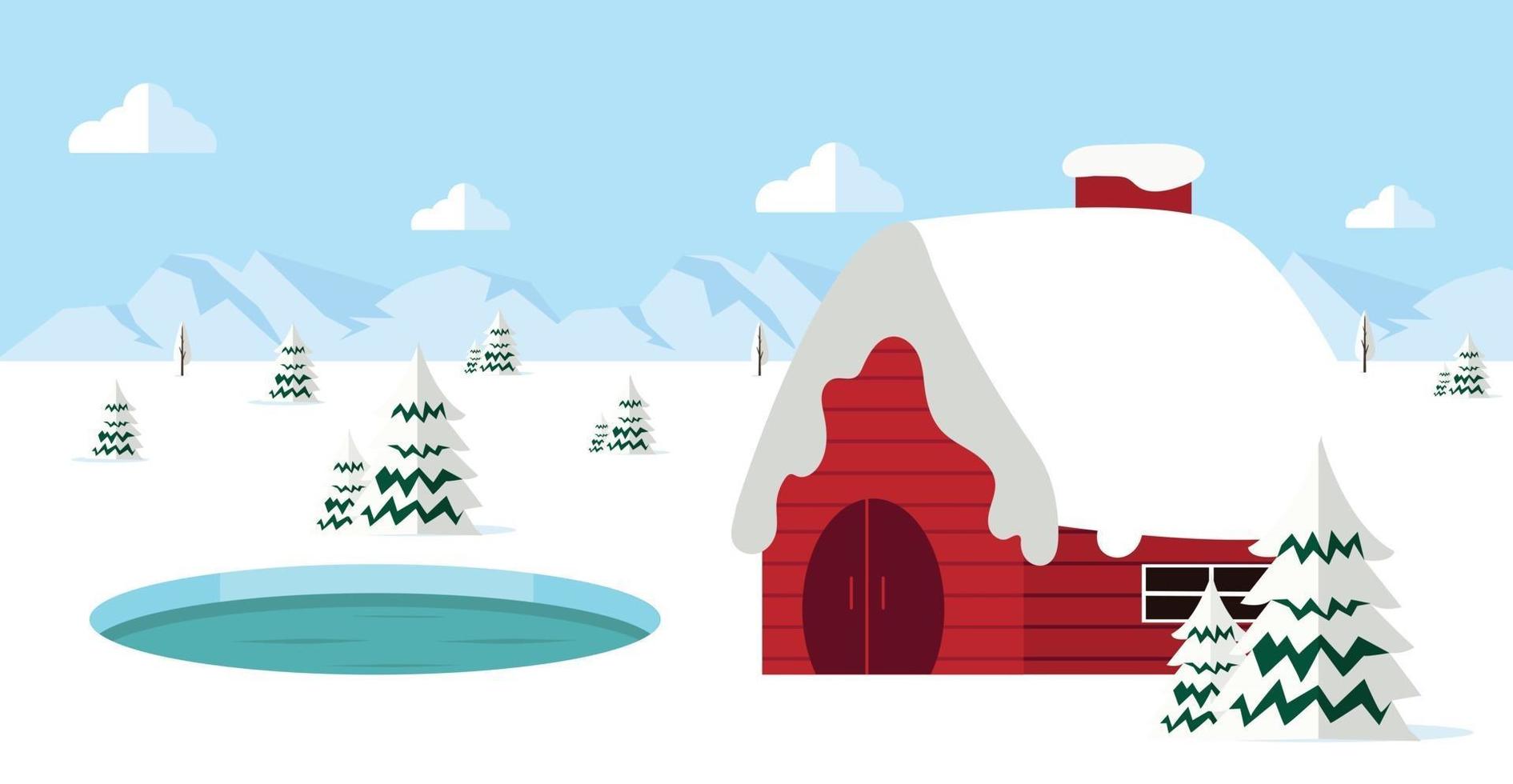 Winter Landscape with Red House Background vector