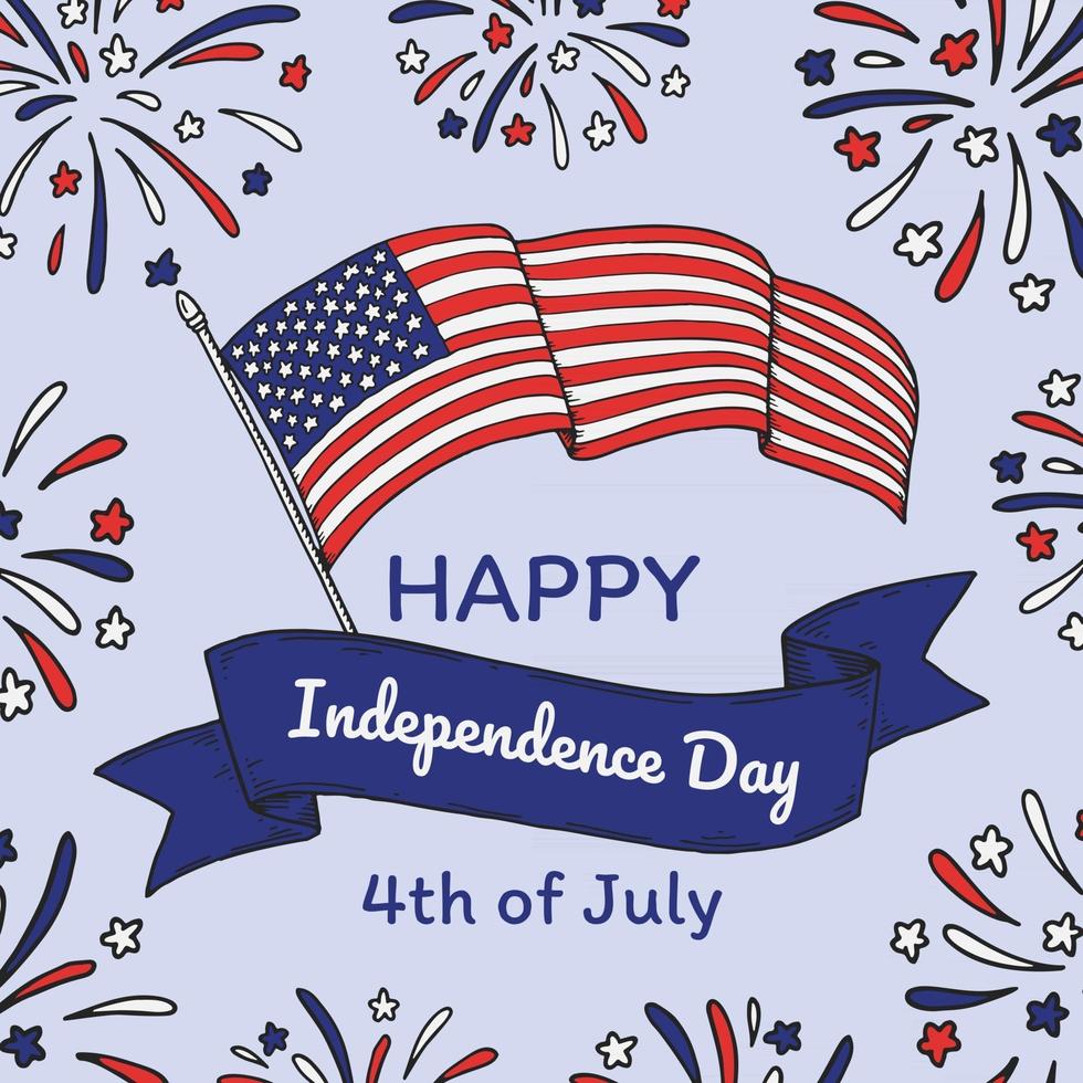 Happy USA Independende Day design with waving national flag. 4th of July. Hand drawn vector illustration