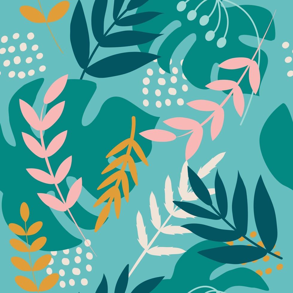 plantas tropicales brillantes. ramas de palmera, hojas de monstera. patrón transparente de vector en estilo plano para tela, papel de regalo, postales, papel tapiz