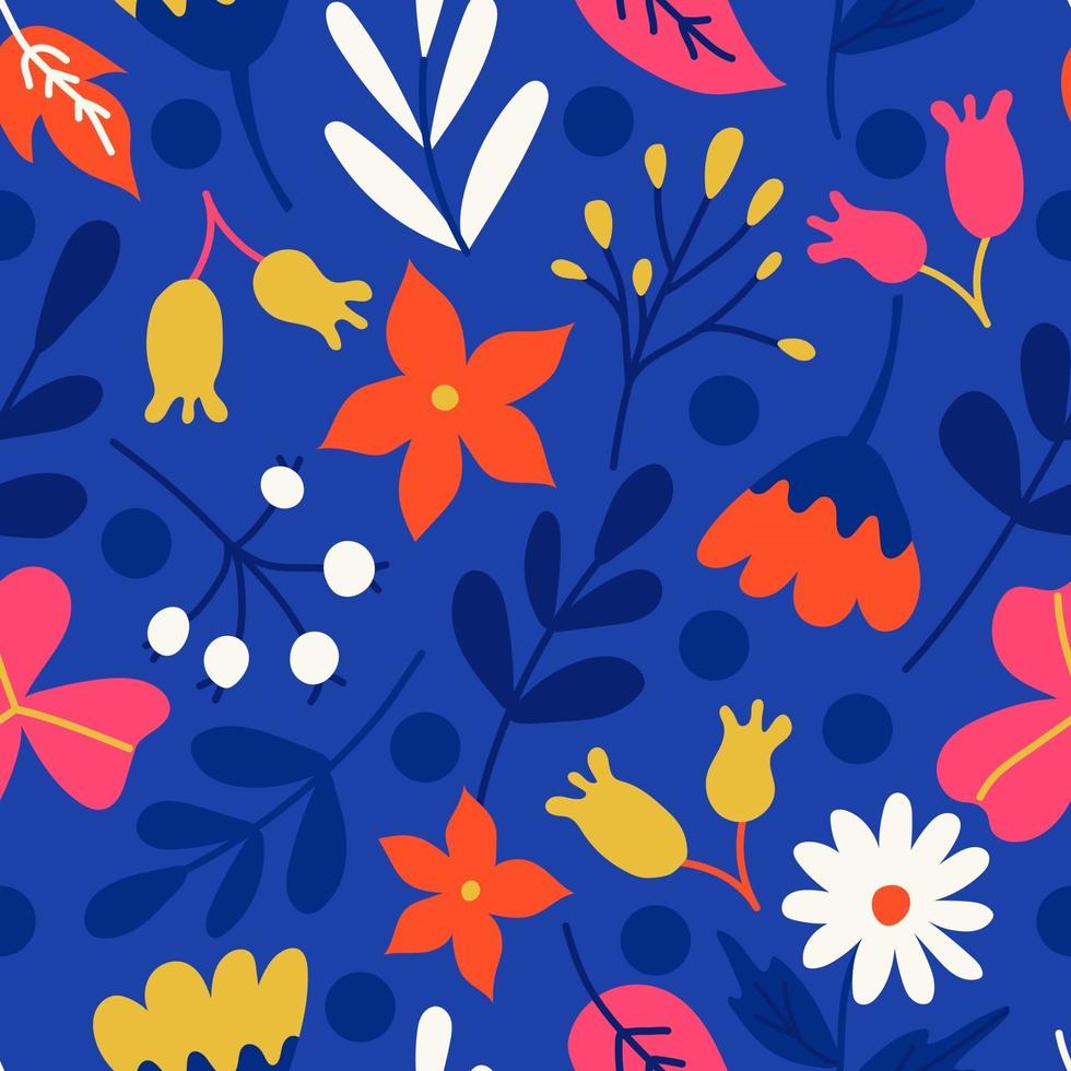 plantas y flores brillantes sobre un fondo azul. patrón transparente de vector en estilo plano para tela, papel de regalo, postales, papel tapiz