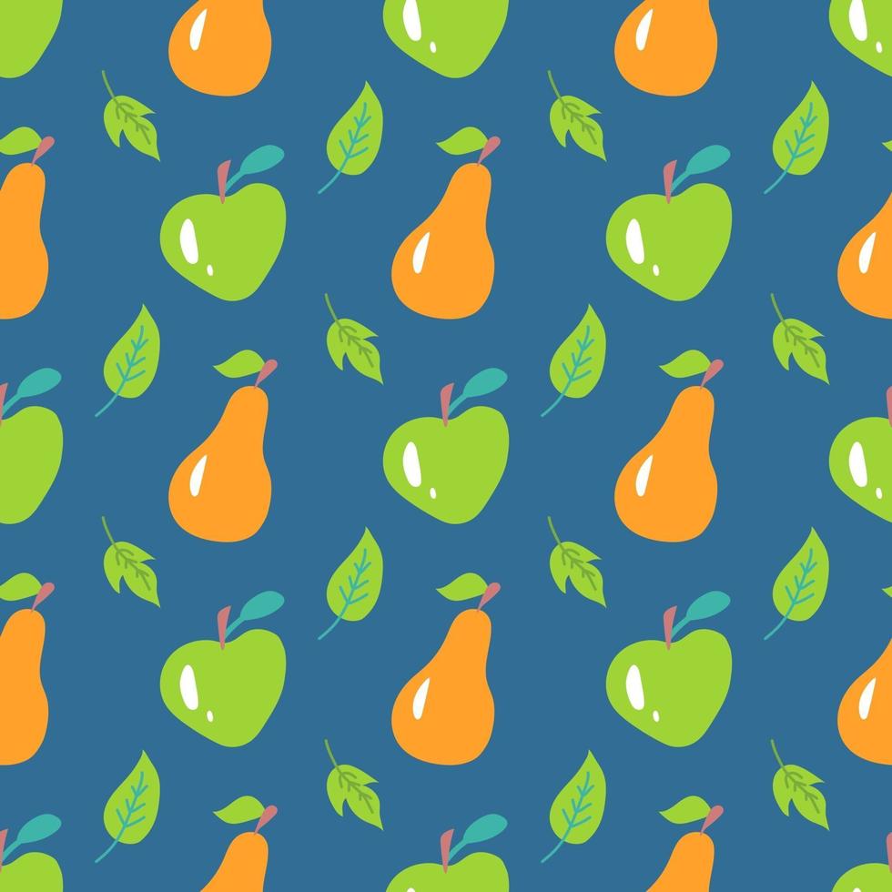 Apples and pears with leaves on a blue background. Vector seamless pattern in a flat style. Wallpaper, packaging paper and fabric design, print