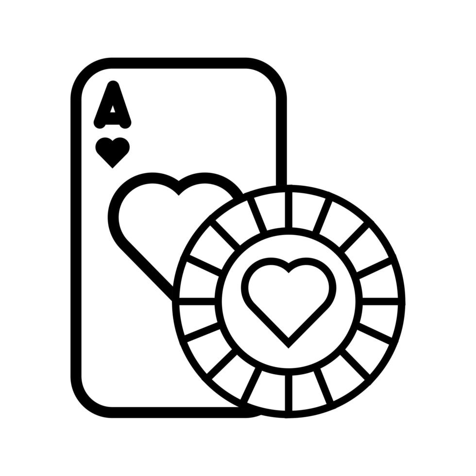 Tarjeta de póquer de casino y chip con icono de corazón aislado vector