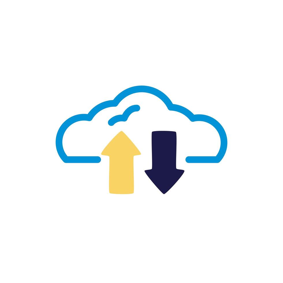 Computación en la nube con flechas hacia abajo y hacia arriba estilo de color lineal vector