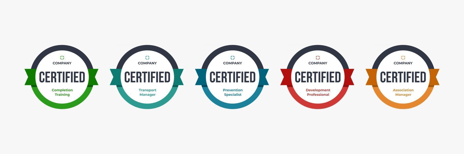 Certified badge logo design for company training badge certificates to determine based on criteria. Set bundle certify colorful vector illustration.