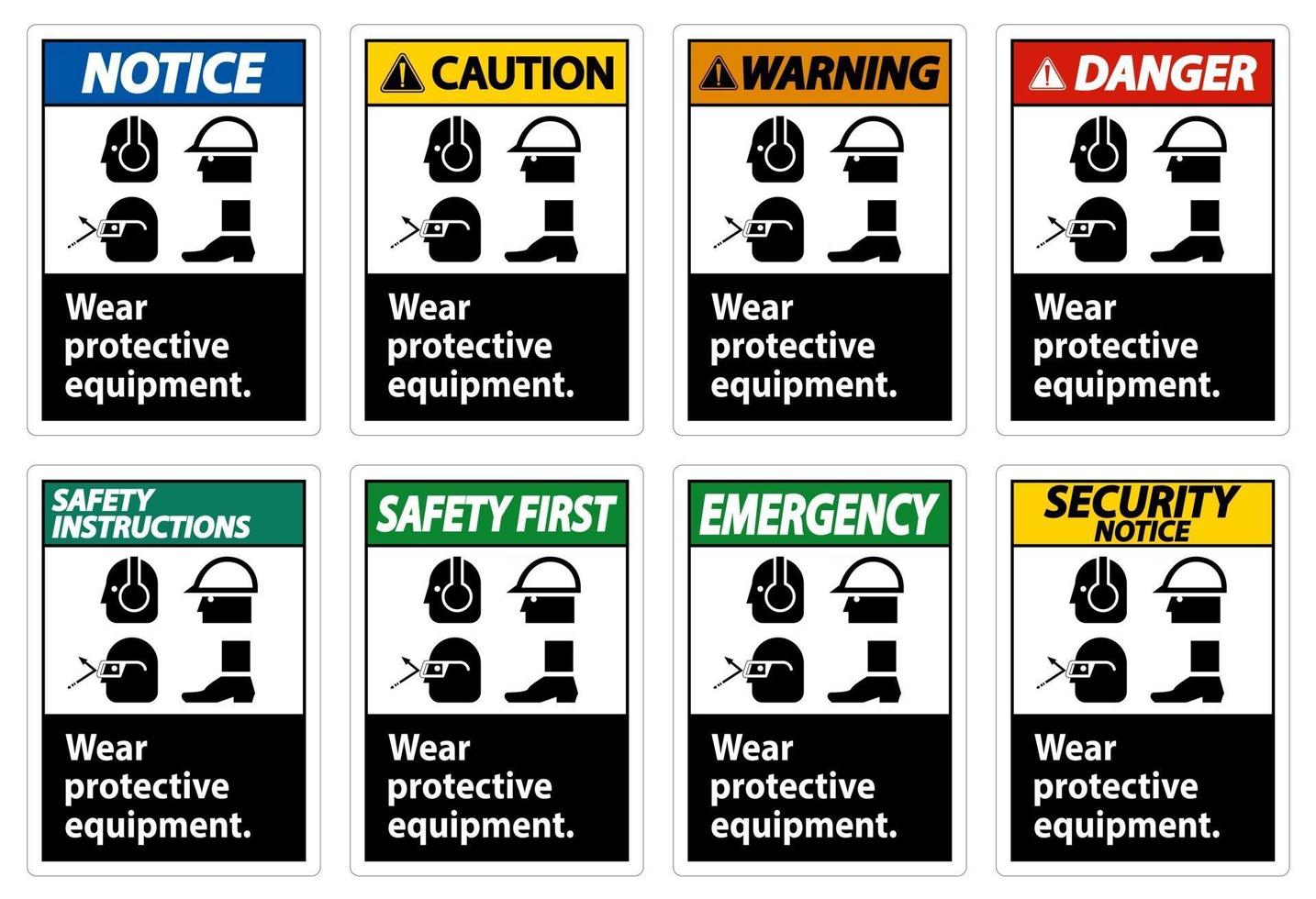 Use equipo de protección, con símbolos de ppe sobre fondo blanco, ilustración vectorial vector