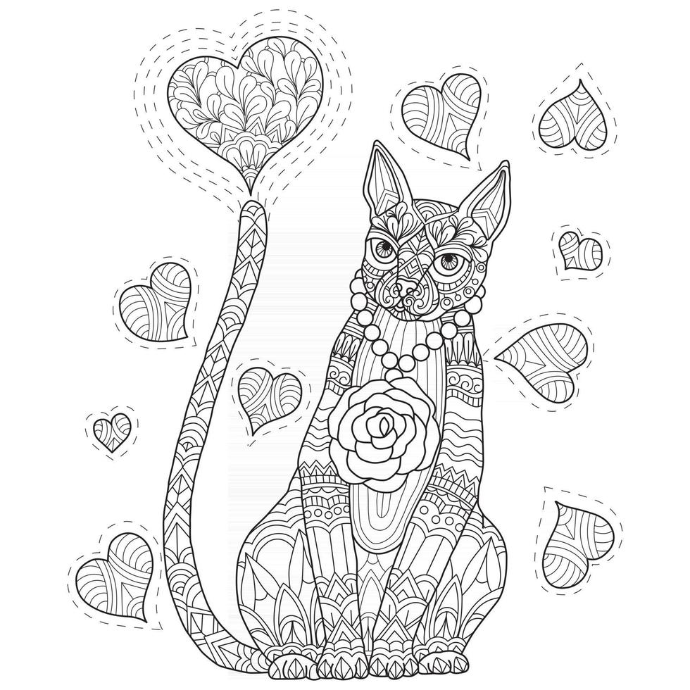 Cat in love hand drawn for adult coloring book vector
