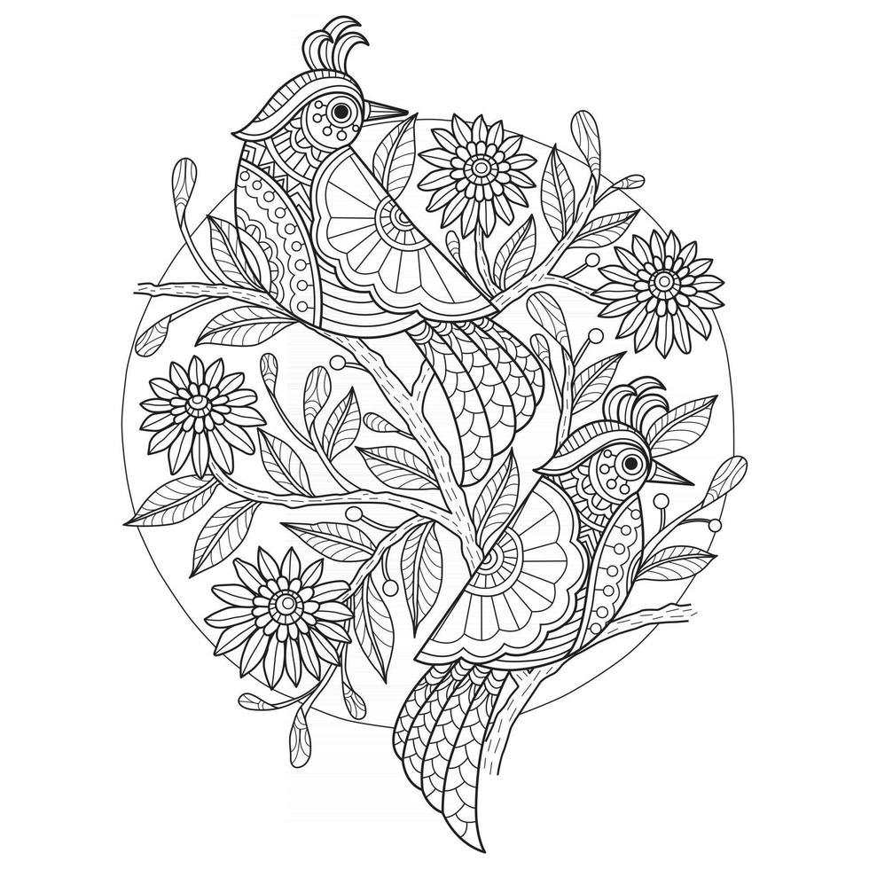 Pair of birds hand drawn for adult coloring book vector