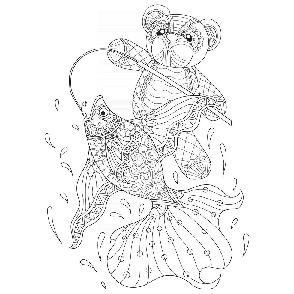 Teddy bear fishing hand drawn for adult coloring book vector