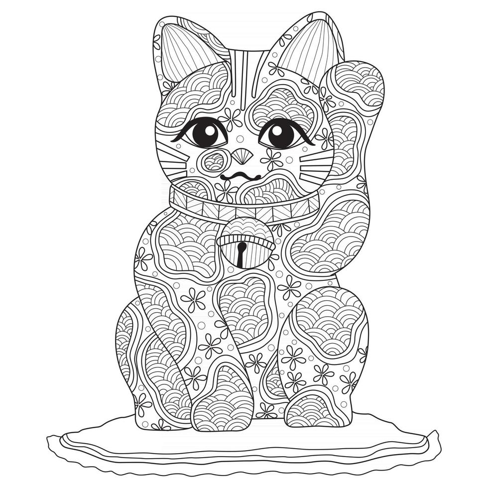 maneki neko el gato de la suerte dibujado a mano para libro de colorear para adultos vector