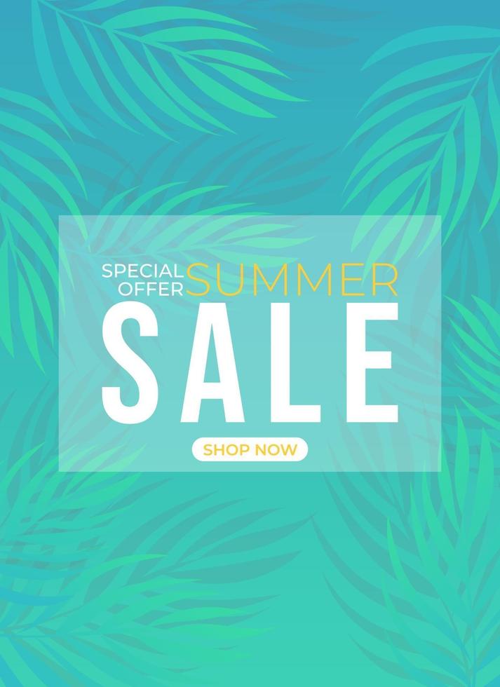 summer sale poster with leaves palm,  summer banner for promotion. vector