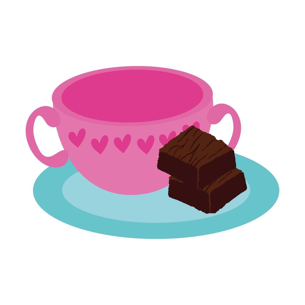 Postre dulce de brownie con taza de bebida vector