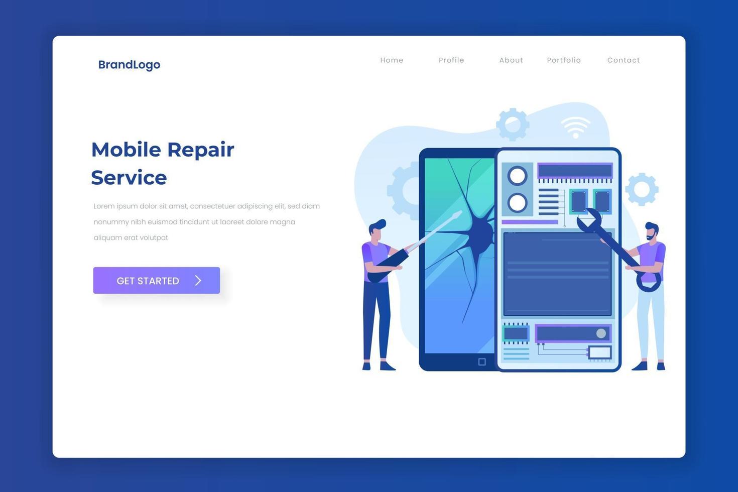 Mobile repair service landing page concept vector