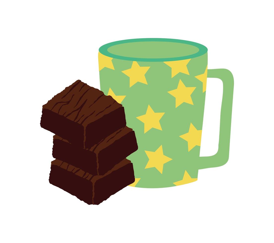 Postre dulce de brownie con taza de bebida vector