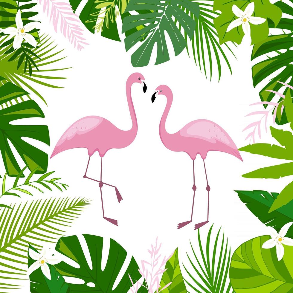 Pink flamingos green palm leaves jungle leaf composition and white flowers Beautiful floral summer tropical vector illustration isolated Exotic bird print