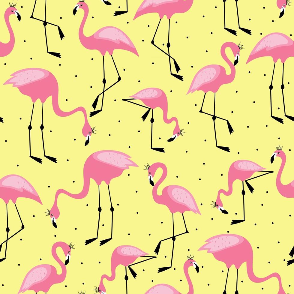 Pink flamingo in a crown seamless pattern on dot background Design for fabric and kids decor vector