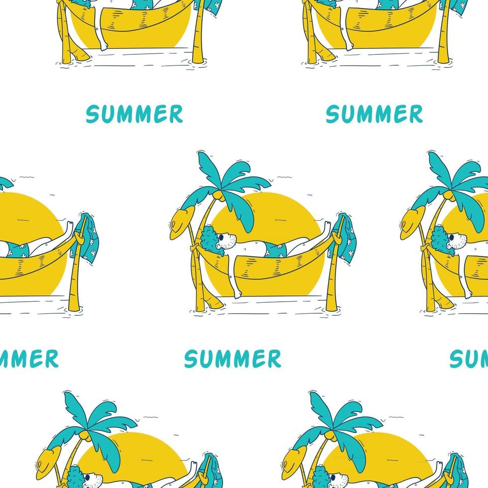 Seamless pattern of man sunbathing on the beach vector