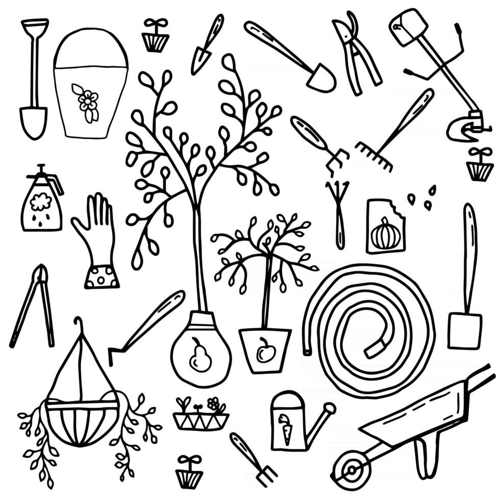 Garden themed doodle set. Various equipment and facilities for gardening, farming, agriculture and horticulture. Freehand vector sketches isolated over white background. Vector illustration.