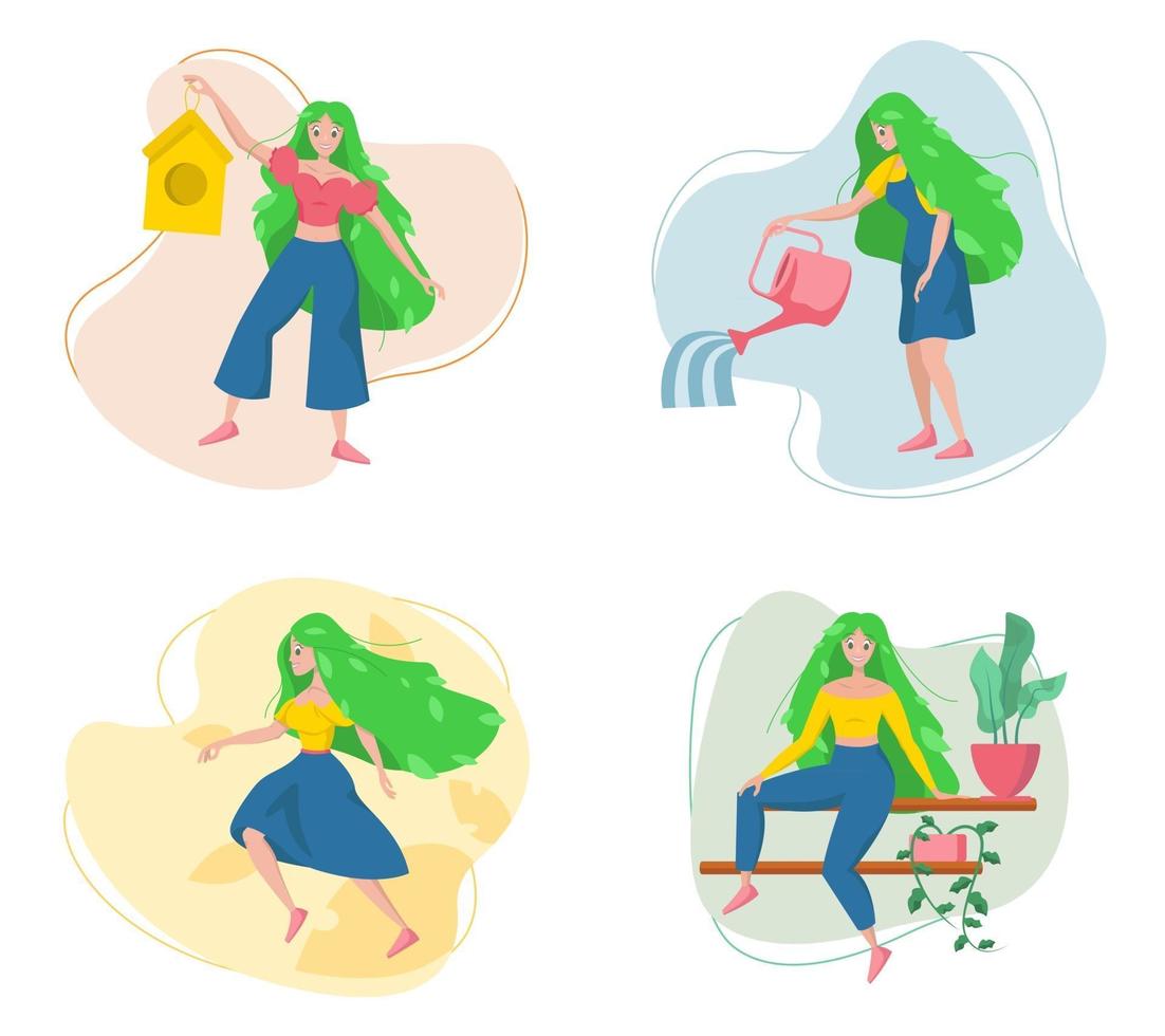 Spring girl in different actions vector