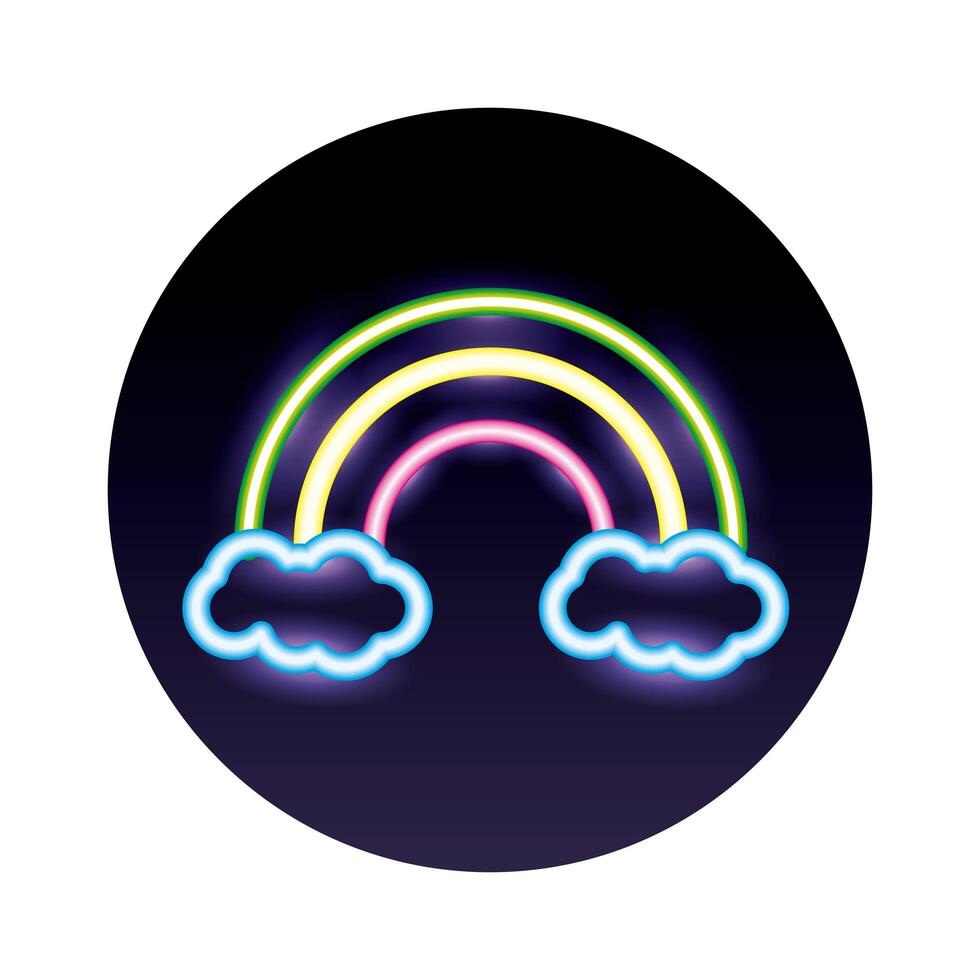 icono de estilo de luces de neón de arco iris y nubes vector