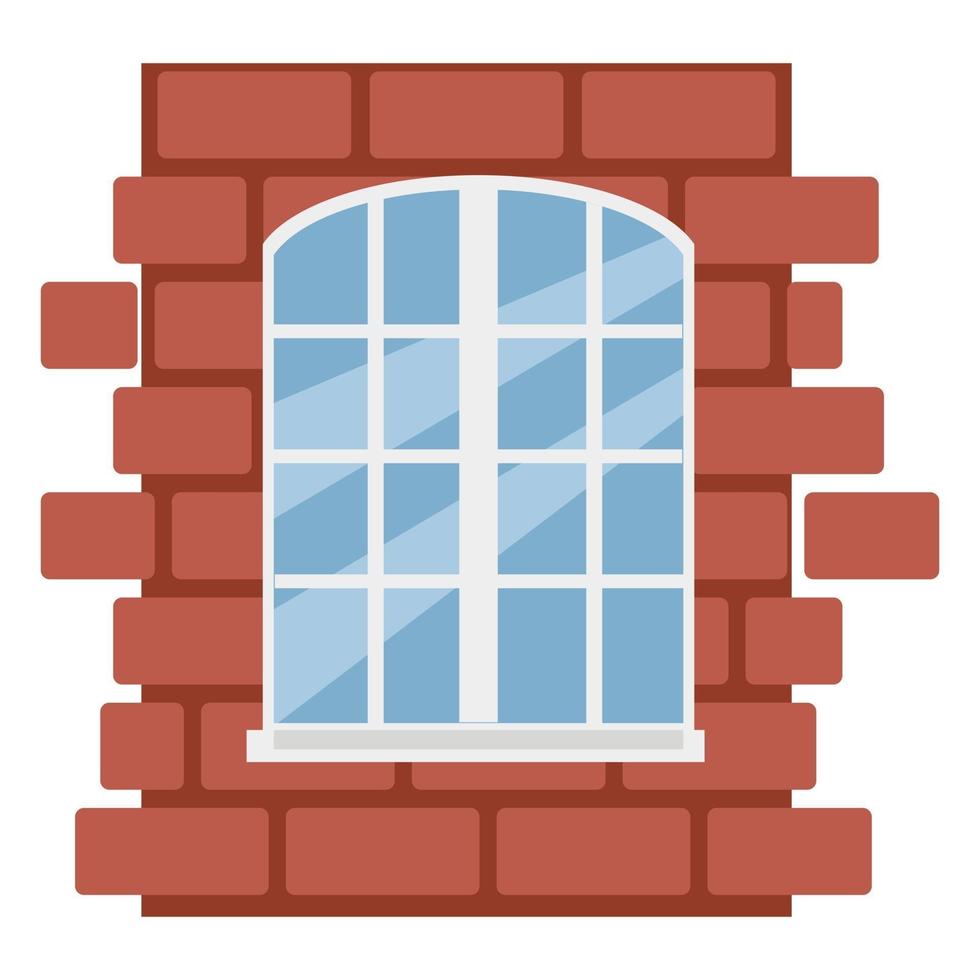 Ventana blanca en una pared de ladrillos, ilustración vectorial en estilo plano, caricatura, aislado vector