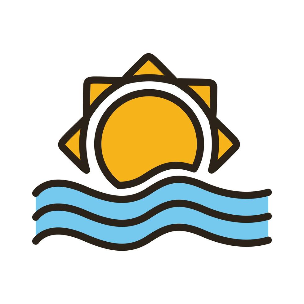 sol con la línea de las olas del mar y el icono de estilo de relleno vector