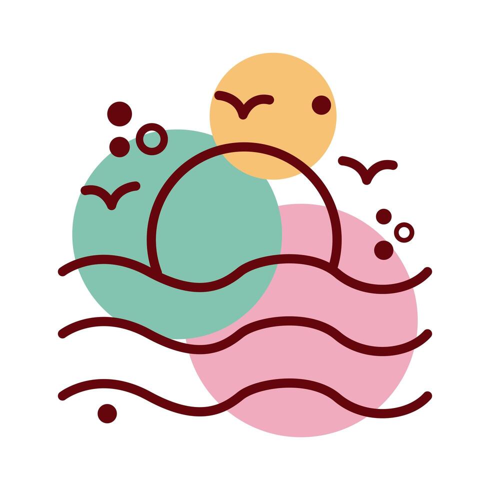 seagulls flying with sun sea animal line and color style icon vector