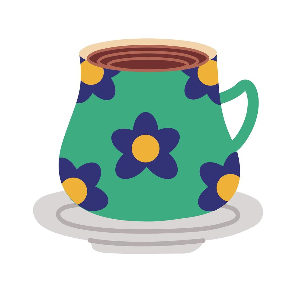 dish and ceramic cup with flowers flat style icon vector