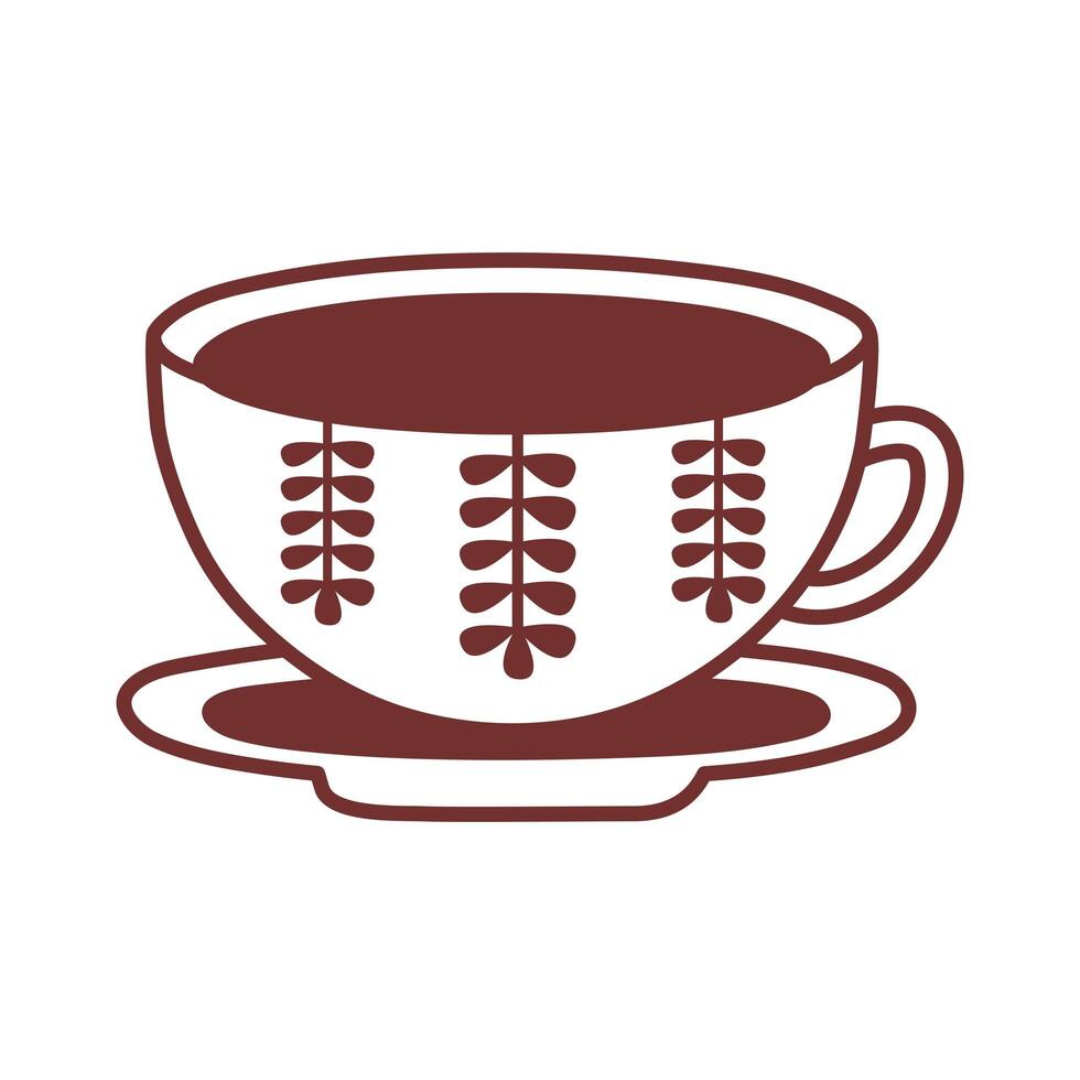 dish and ceramic cup with leafs line style icon vector