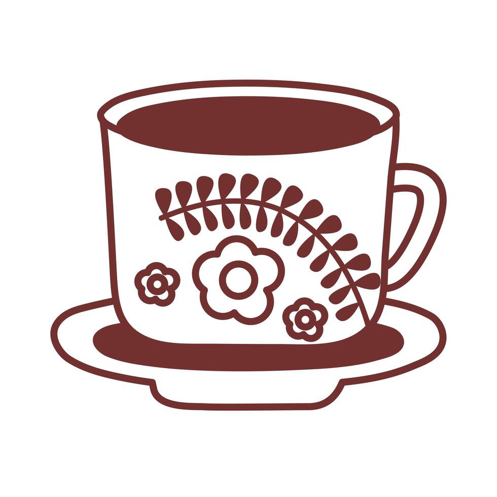 dish and ceramic cup with flowers line style icon vector