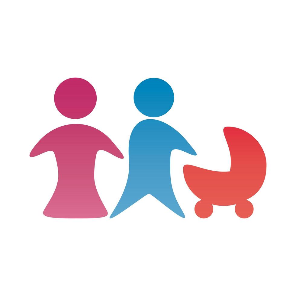 parents couple figures with cart baby degradient style vector