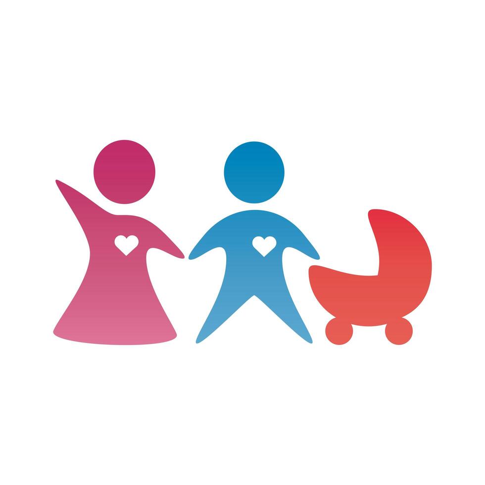 parents couple figures with cart baby degradient style vector