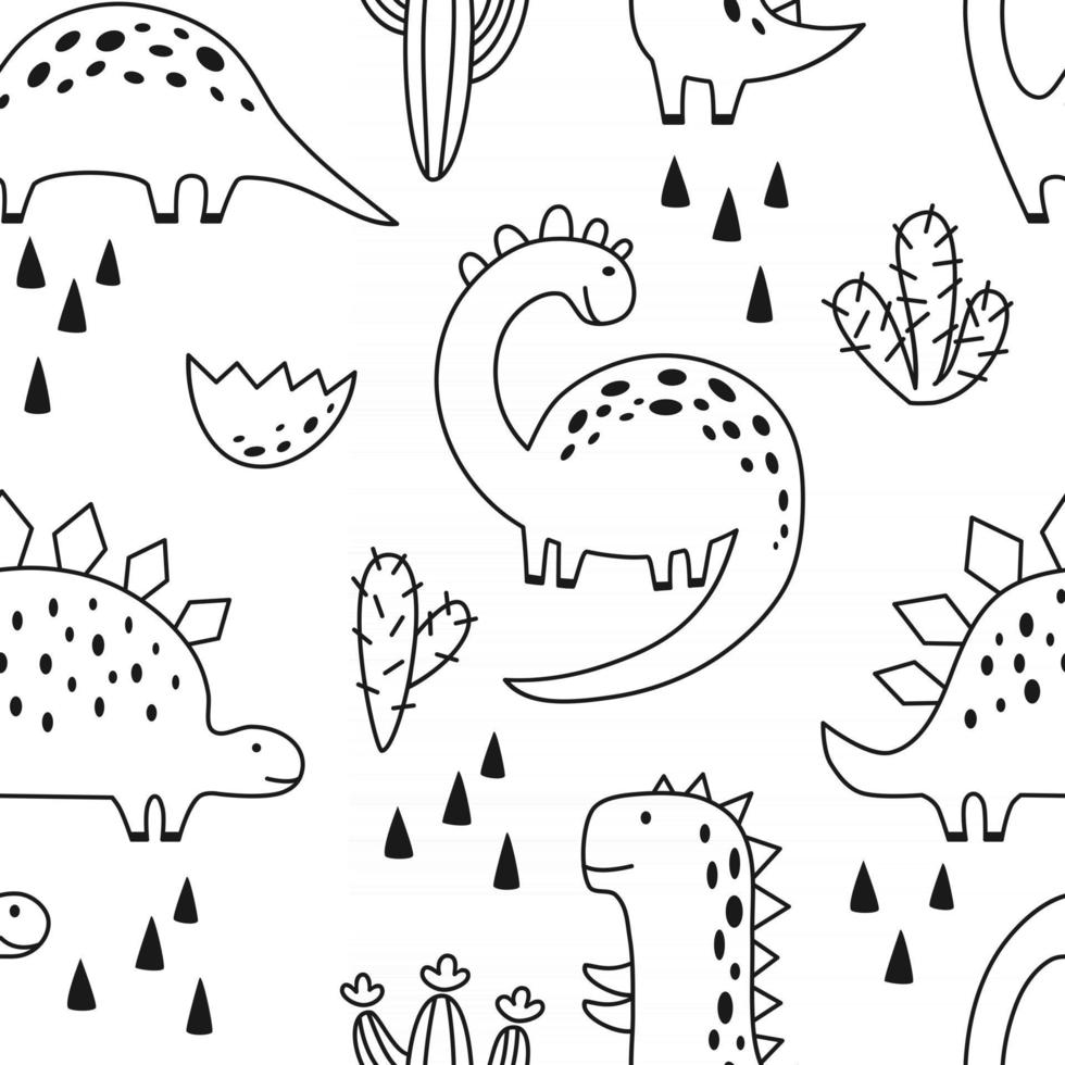 Seamless pattern with cute dinosaur in outline sketchy style. Funny cartoon dino. Hand drawn vector doodle for kids