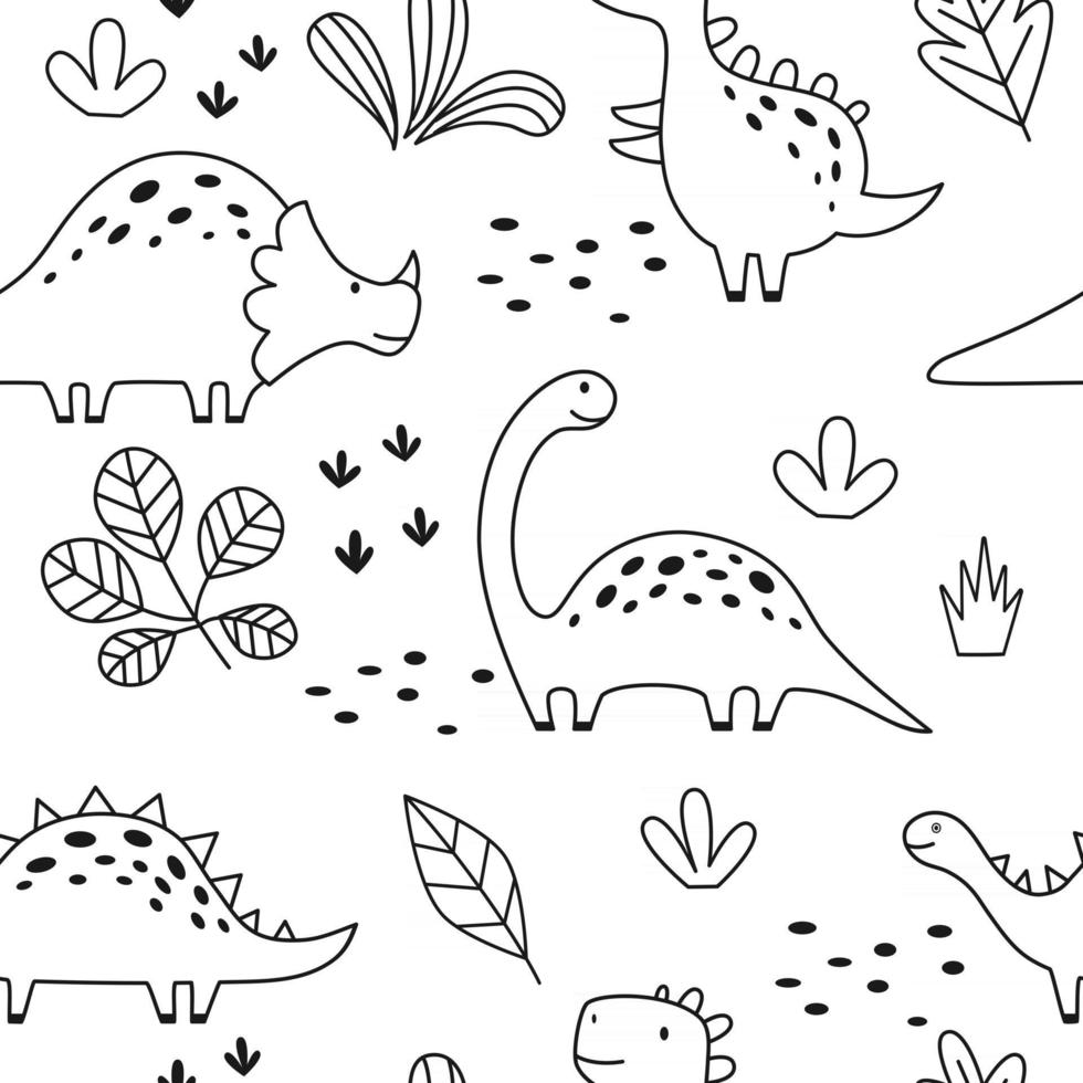 Seamless pattern with cute dinosaur in outline sketchy style. Funny cartoon dino. Hand drawn vector doodle for kids