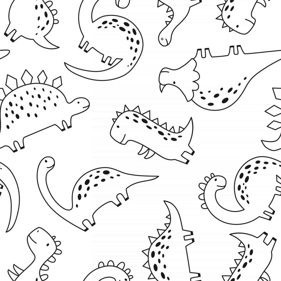 Seamless pattern with cute dinosaur in outline sketchy style. Funny cartoon dino. Hand drawn vector doodle for kids