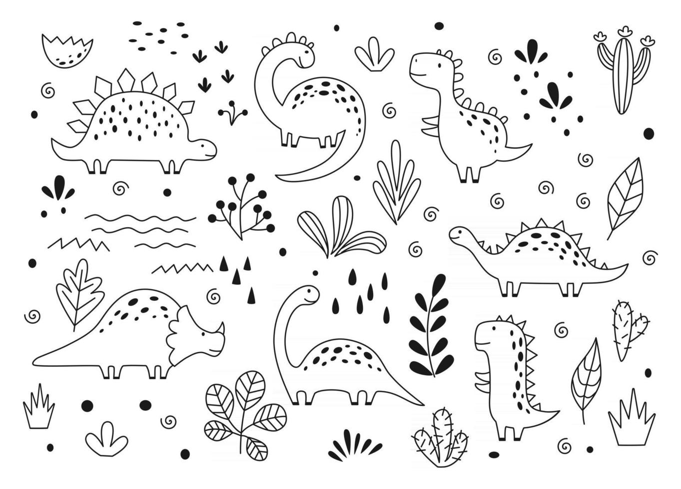 lindos dinosaurios y plantas tropicales en estilo esquemático. divertido juego de dinosaurios de dibujos animados dibujado a mano vector doodle conjunto para niños