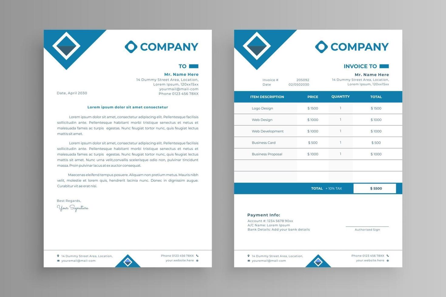 blue invoice and letterhead template vector