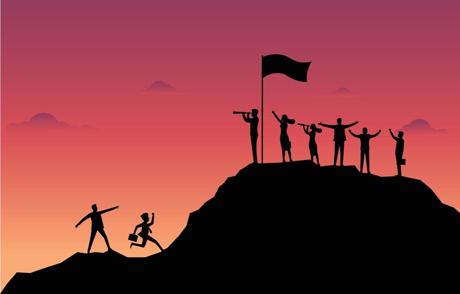 Grupo de hombres y mujeres felices con negocios en una montaña con fondo de puesta de sol vector