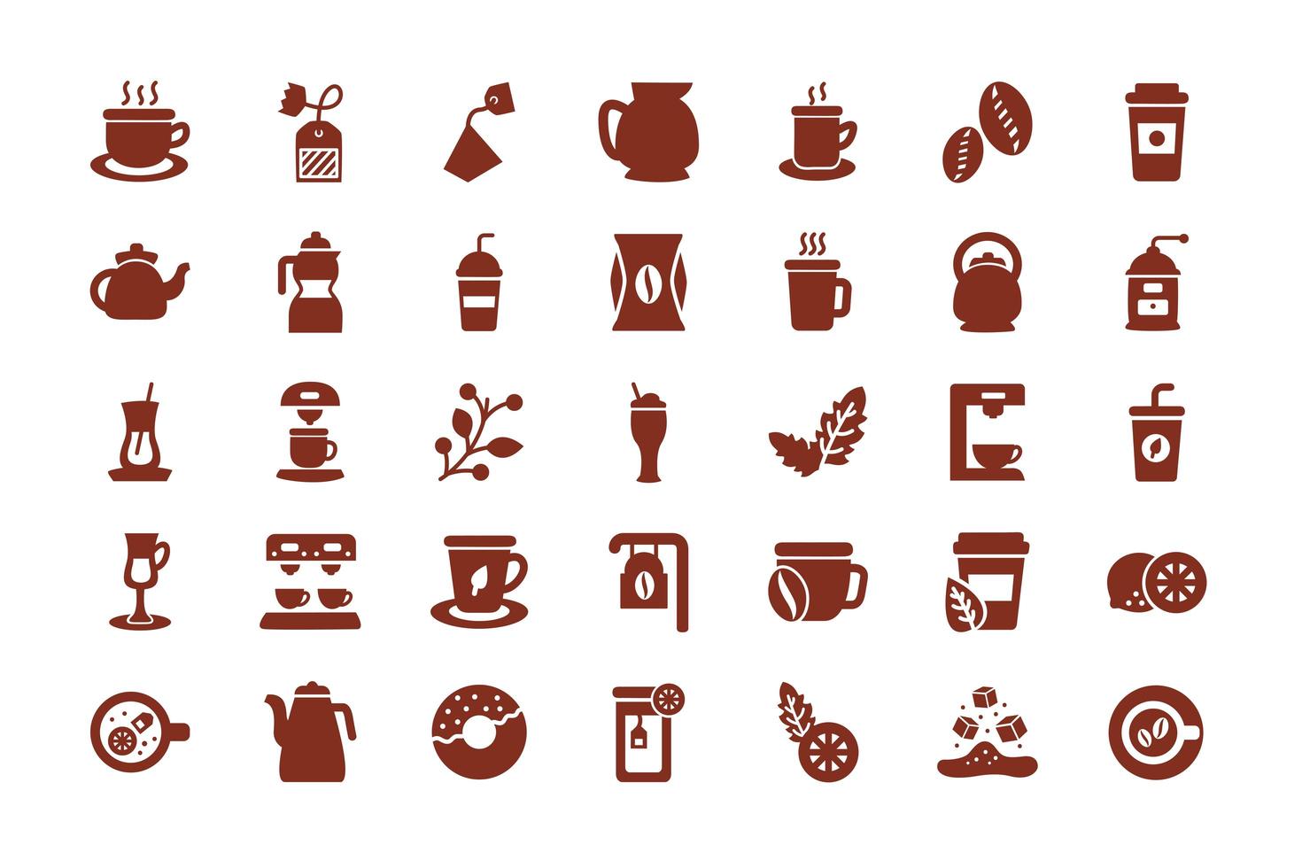 paquete de icono de estilo de silueta de café y té vector