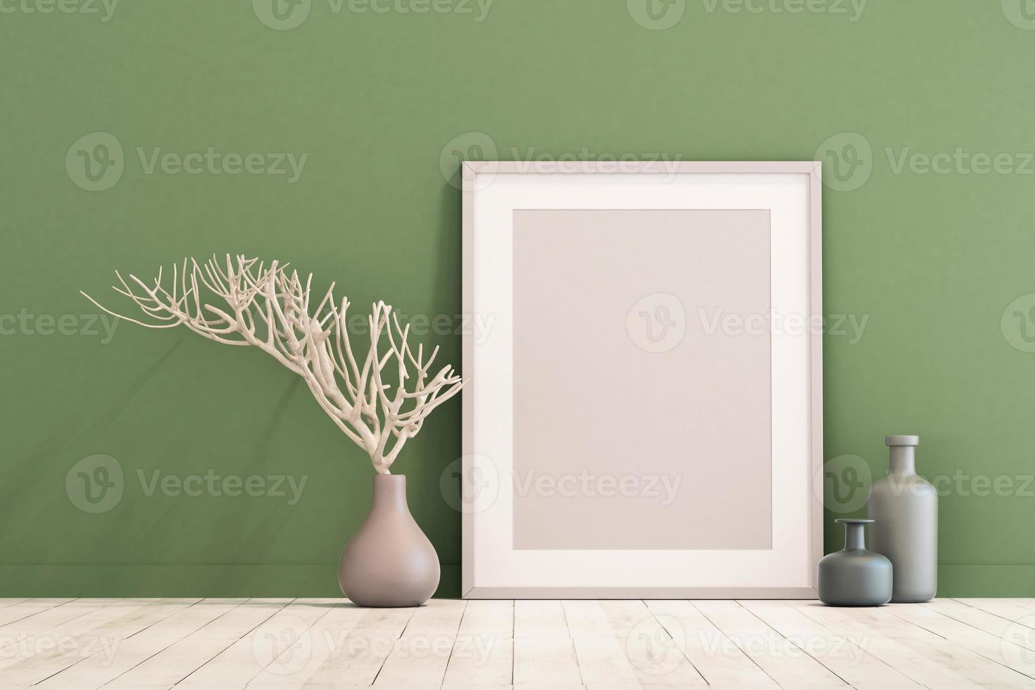 3d rendering of mock up Interior design for living room with picture frame on green wall photo