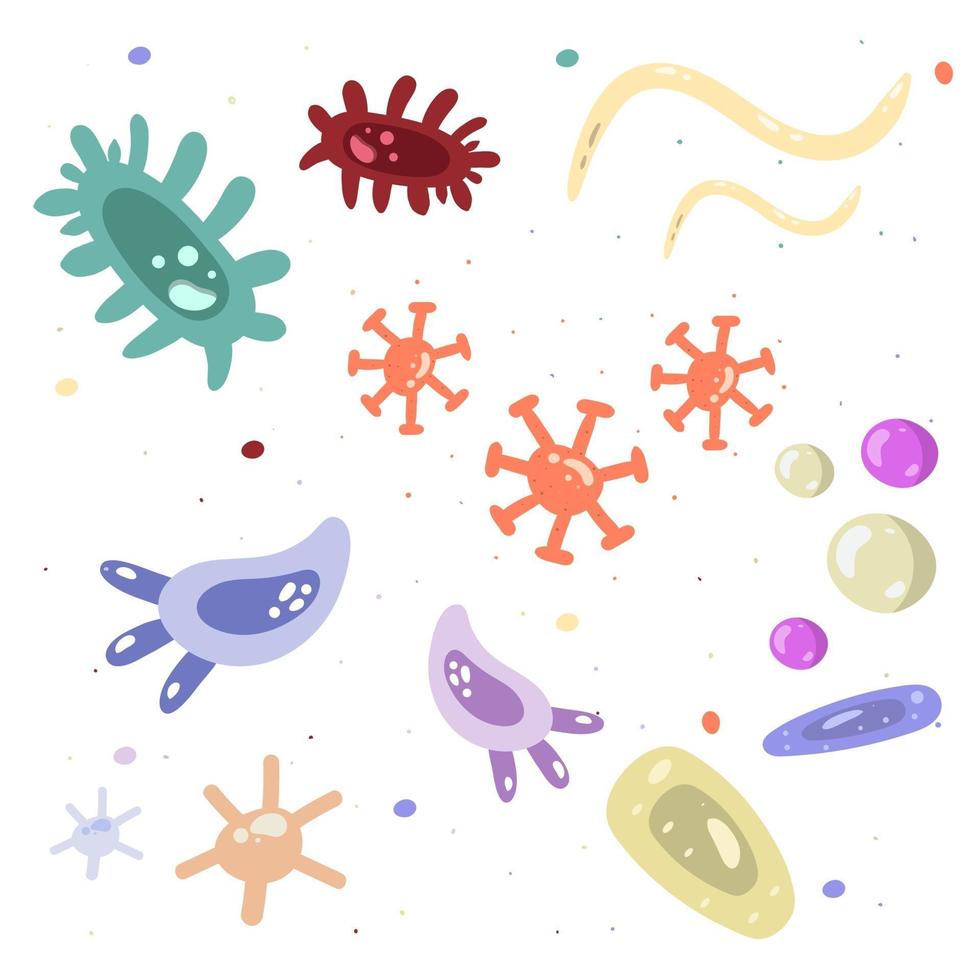 un conjunto de bacterias, gérmenes, virus, gérmenes. objeto causante de enfermedades aislado en el fondo. microorganismos bacterianos, células probióticas. diseño de dibujos animados. vector