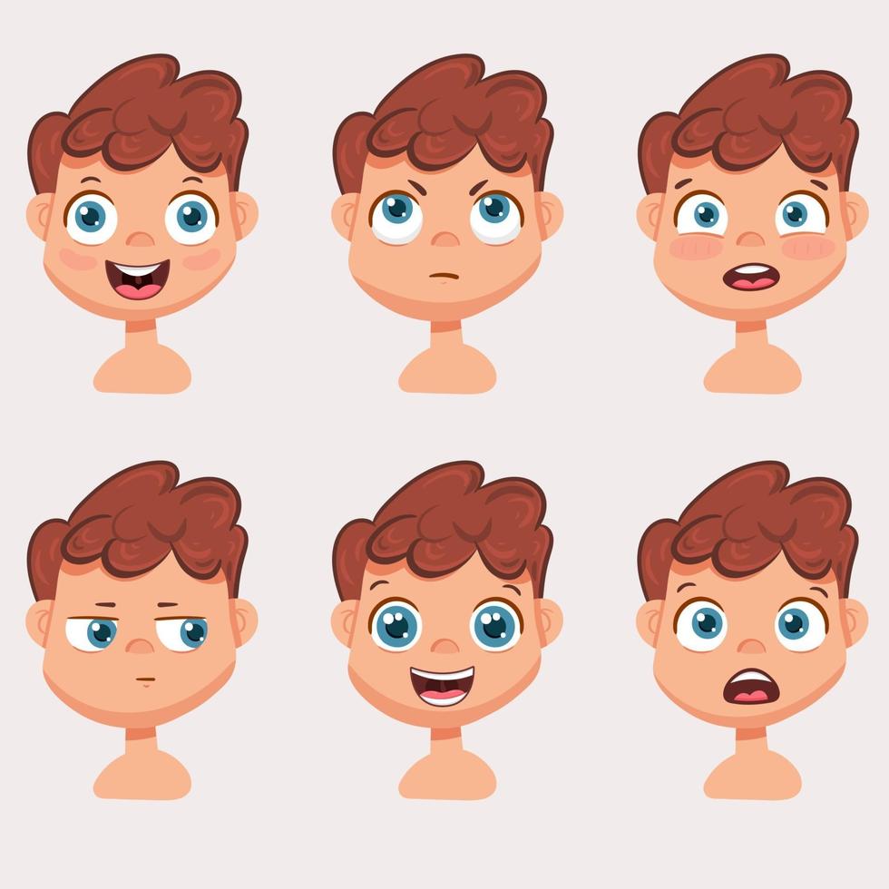 Set of male facial emotions. Young guy smiley character with different expressions. Vector illustration in cartoon style