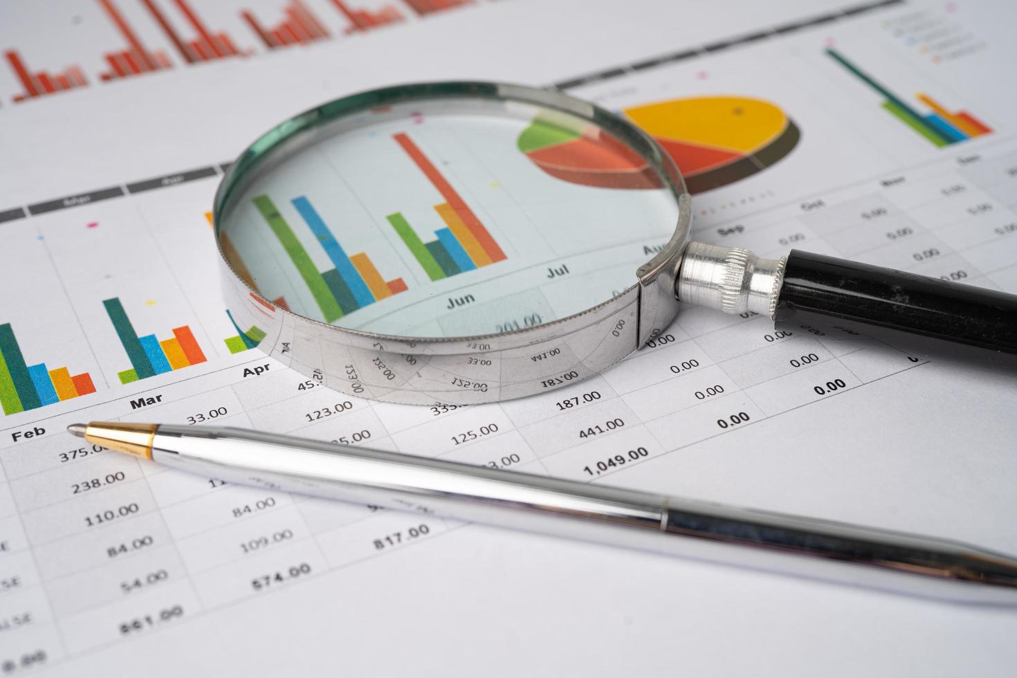 Magnifying glass on charts graphs paper. Financial development, Banking Account, Statistics, Investment Analytic research data economy, Stock exchange trading, Business office company meeting concept. photo