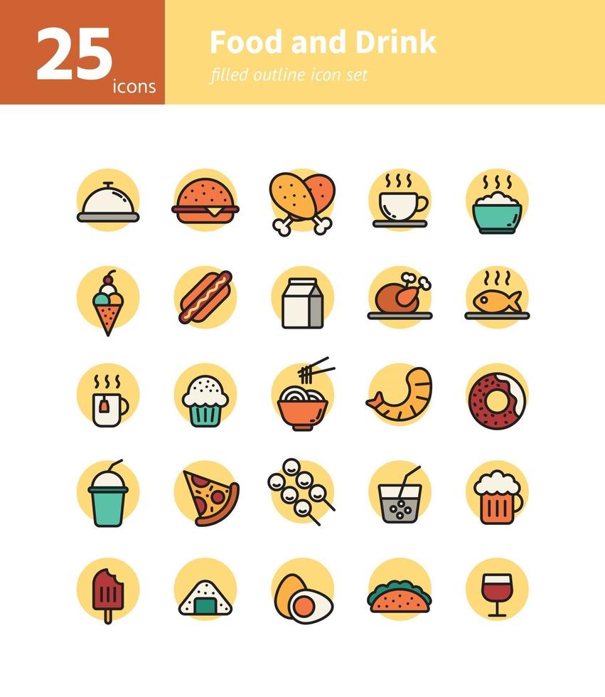 Conjunto de iconos de contorno lleno de comida y bebida. vector e ilustración.