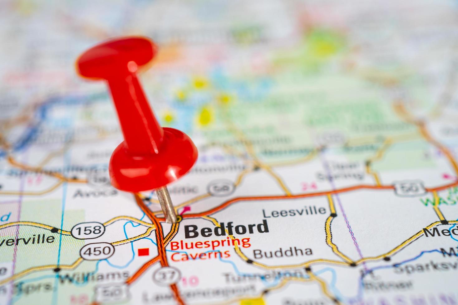 Bangkok, Thailand, June 1, 2020 Bedford, Middlesex County, Massachusetts, road map with red pushpin, city in the United States of America USA. photo